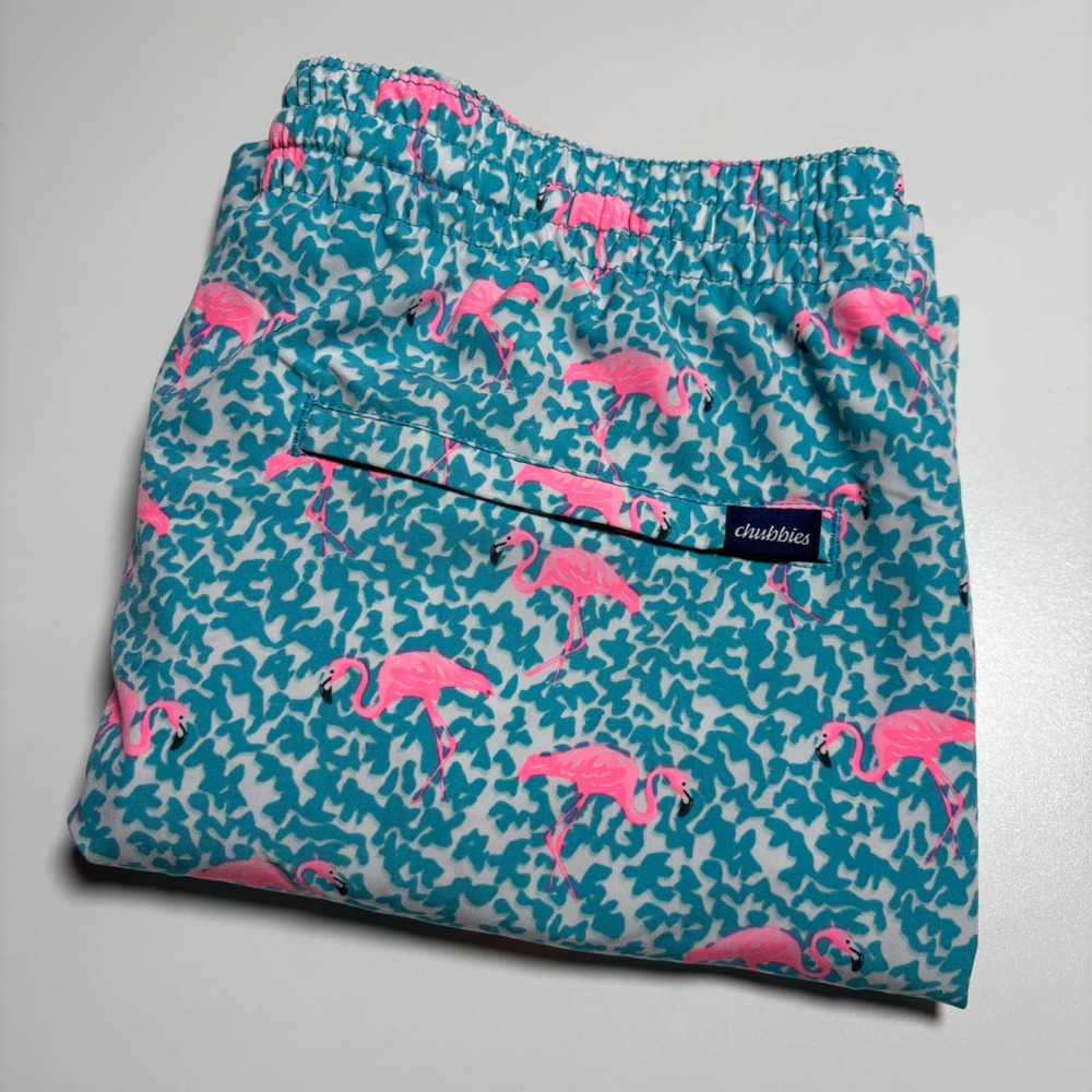 Chubbies Teal Flamingo Swim Trunks Mens XXL Lined Preppy Blue Swim Bathing Suit - Picture 2 of 7